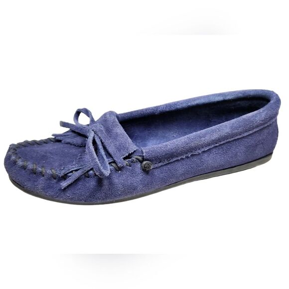 Minnetonka Moccasin Shoes Women's Kilty Hardsole Suede Blue Flat Tassel Bow 6 - Picture 3 of 12